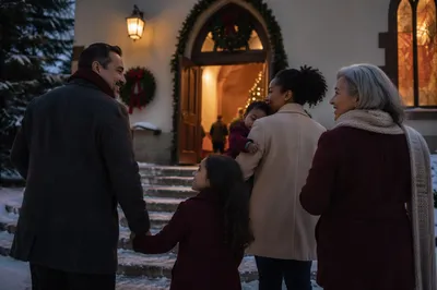 Family Approaching Church on Winter Evening