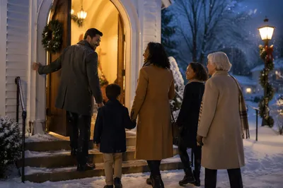 Family Entering Church on Winter Evening