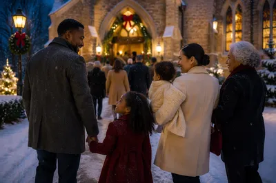 Family Entering Church on Winter Evening