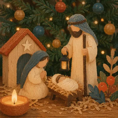 Candlelit Wooden Christmas Nativity Scene
