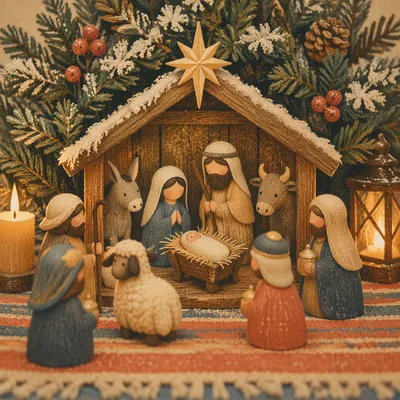 Candlelit Christmas Nativity in Wooden Stable