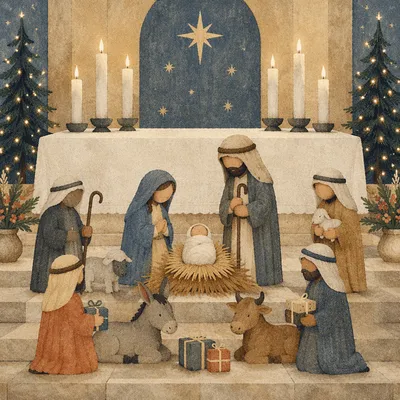 Candlelit Christmas Nativity in Quiet Chapel