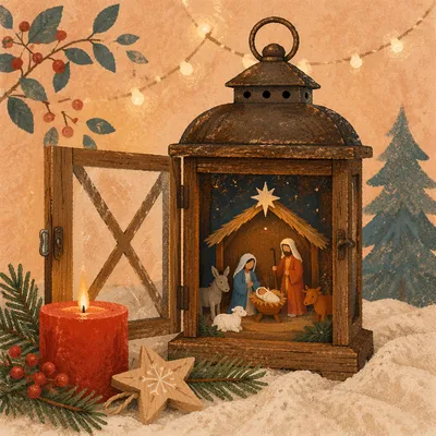 Candlelit Christmas Nativity Lantern Still Life
