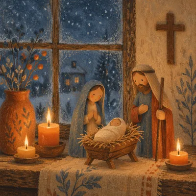 Candlelit Handmade Nativity at Winter Dusk