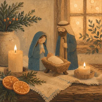 Candlelit Wooden Nativity on Rustic Christmas Table