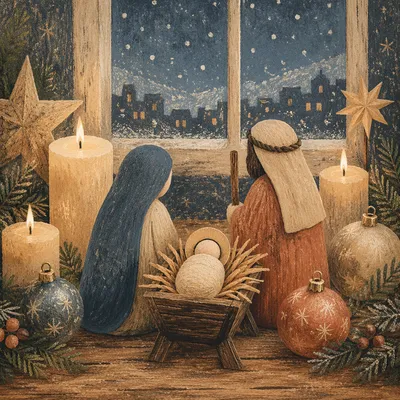 Candlelit Handmade Nativity at Winter Dusk