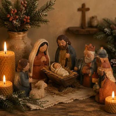Candlelit Handmade Nativity on Rustic Table