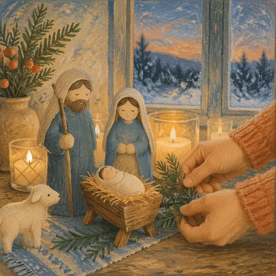 Candlelit Handmade Nativity by Frosted Window
