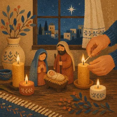 Candlelit Handmade Christmas Nativity at Dusk