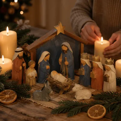 Candlelit Handcrafted Nativity on Christmas Eve
