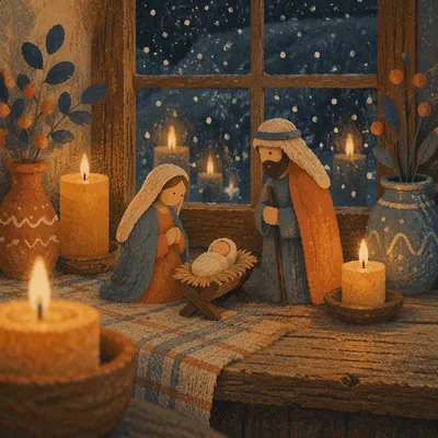 Candlelit Nativity on Winter Windowsill
