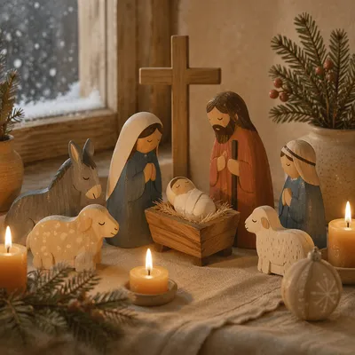Candlelit Wooden Nativity by Frosted Window
