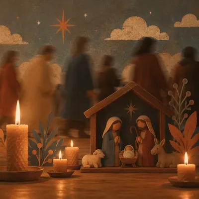 Candlelit Nativity in Rustic Christmas Chapel