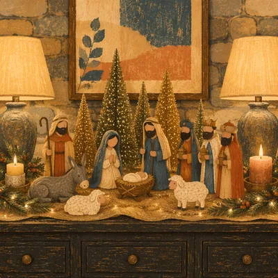 Christmas Nativity Candlelight on Rustic Sideboard