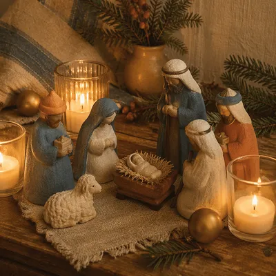 Candlelit Handmade Christmas Nativity on Rustic Table