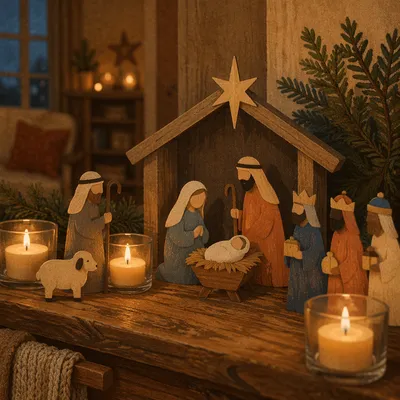 Candlelit Folk Nativity on Rustic Mantel