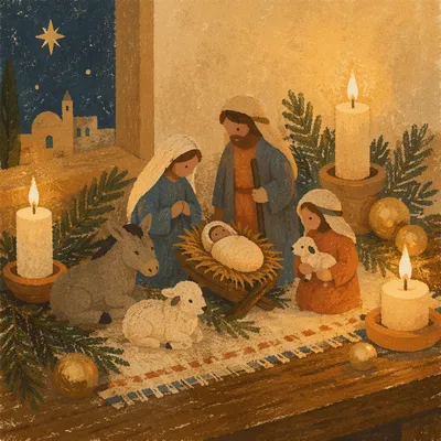 Candlelit Christmas Nativity on Rustic Mantel