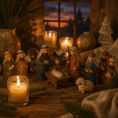 Candlelit Nativity on Rustic Wooden Table