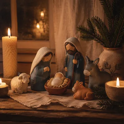 Candlelit Christmas Nativity on Rustic Table