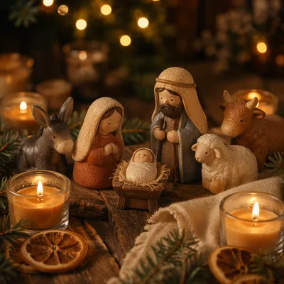 Candlelit Christmas Nativity on Rustic Table