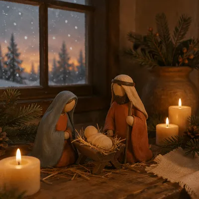 Candlelit Christmas Nativity on Rustic Table