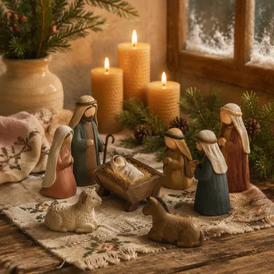 Candlelit Folk Nativity on Rustic Table