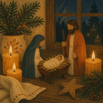 Candlelit Handmade Nativity at Christmas Dusk
