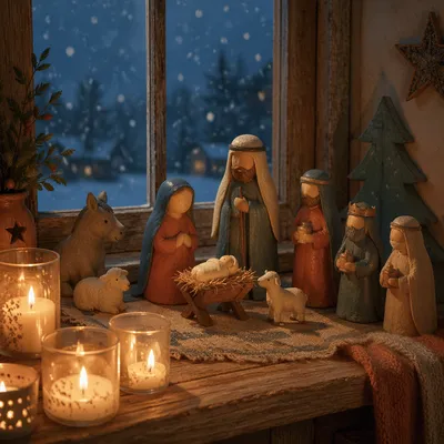 Candlelit Christmas Nativity on Winter Windowsill