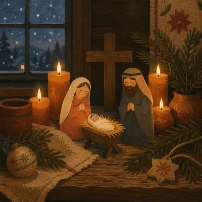 Candlelit Rustic Christmas Nativity Scene
