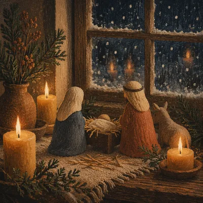 Candlelit Handmade Nativity by Frosted Window