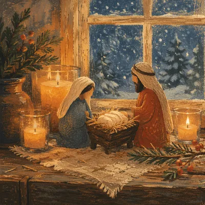 Candlelit Nativity by a Snowy Window
