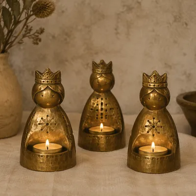 Candlelit Brass Nativity Figures on Linen
