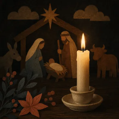 Christmas Nativity Candlelight on Dark Wood