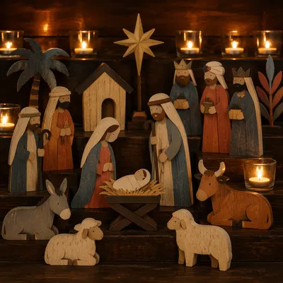Candlelit Wooden Nativity on Christmas Steps