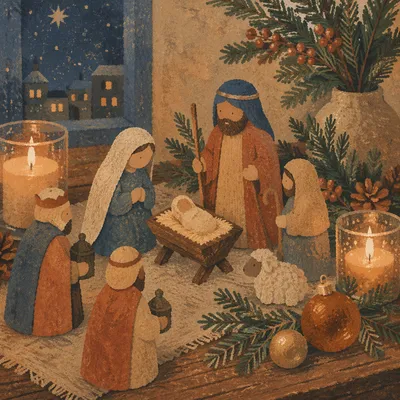 Candlelit Handmade Nativity on Rustic Christmas Table
