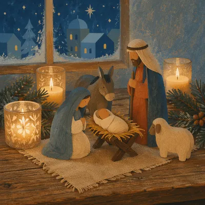 Candlelit Handmade Nativity at Winter Blue Hour