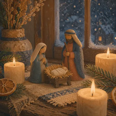 Candlelit Handmade Nativity on Christmas Eve