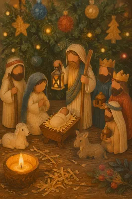 Candlelit Wooden Christmas Nativity Scene