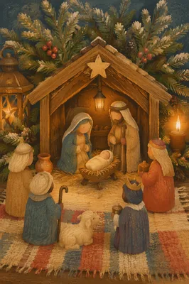 Candlelit Christmas Nativity in Wooden Stable
