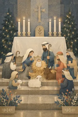 Candlelit Christmas Nativity in Quiet Chapel