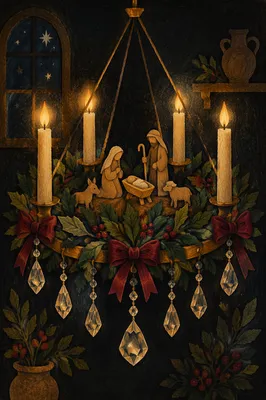 Christmas Nativity Candlelight Chandelier with Holly