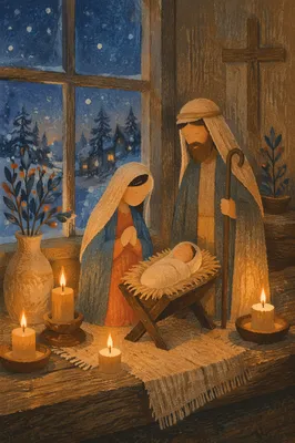Candlelit Christmas Nativity on Rustic Windowsill