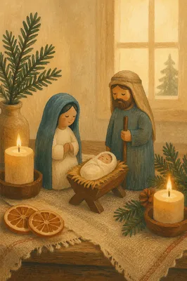 Candlelit Wooden Nativity on Rustic Christmas Table