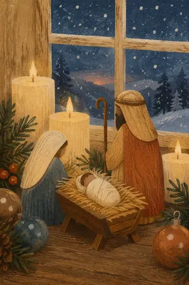 Candlelit Handmade Nativity at Winter Dusk