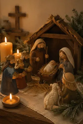 Candlelit Handmade Christmas Nativity Scene