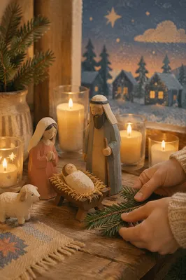 Candlelit Handmade Nativity by Frosted Window