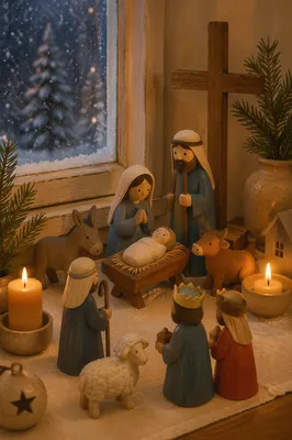Candlelit Wooden Nativity by Frosted Window