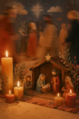 Candlelit Christmas Nativity in Rustic Chapel