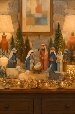Christmas Nativity Candlelight on Rustic Sideboard