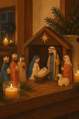 Candlelit Handcrafted Christmas Nativity on Rustic Mantel
